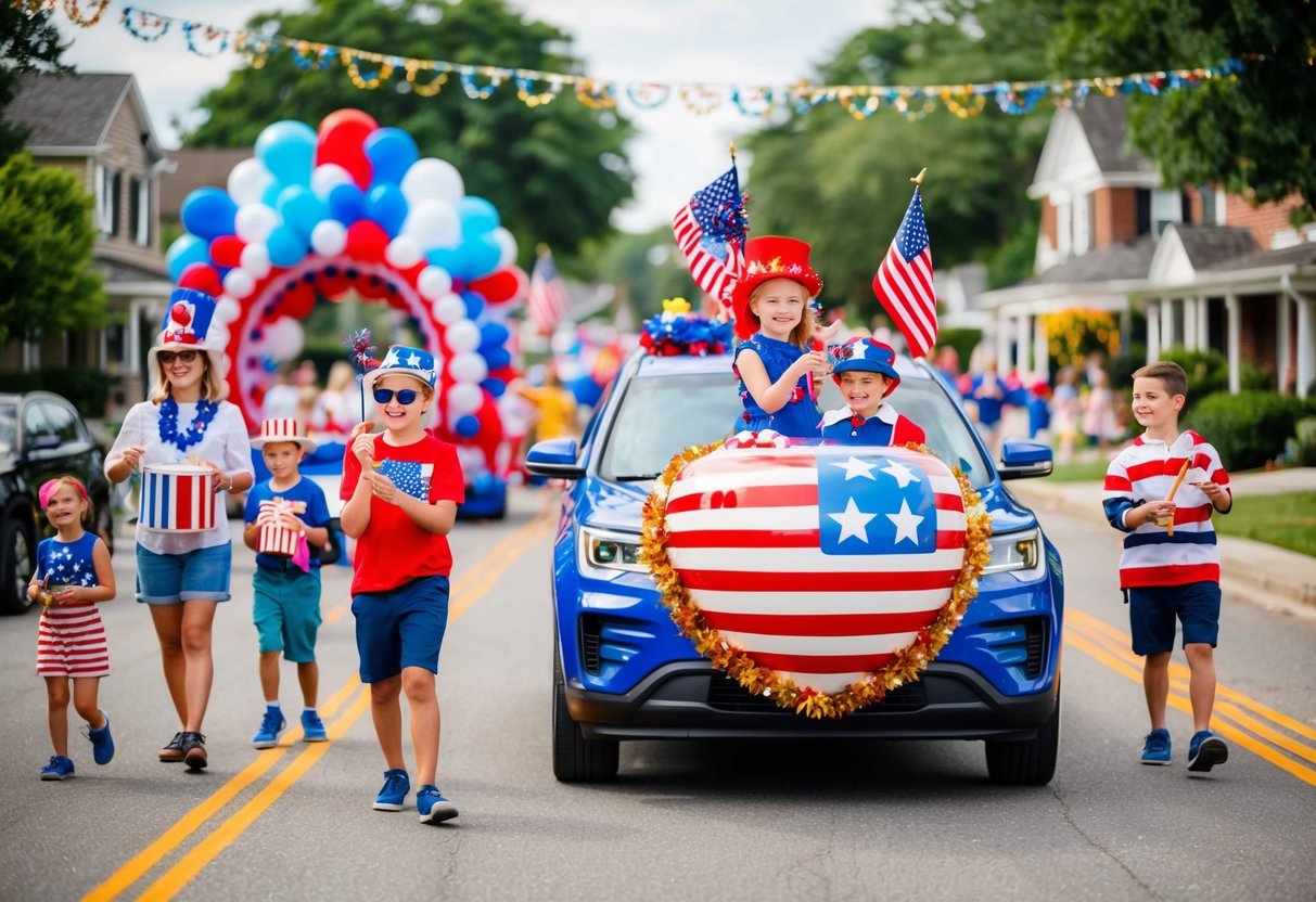 A festive neighborhood parade with families, floats, and music, celebrating the Fourth of July with unique and colorful decorations