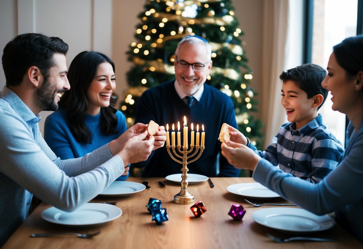 A family gathering around a table, exchanging Hanukkah gelt and laughing together. Menorah and dreidels on the table