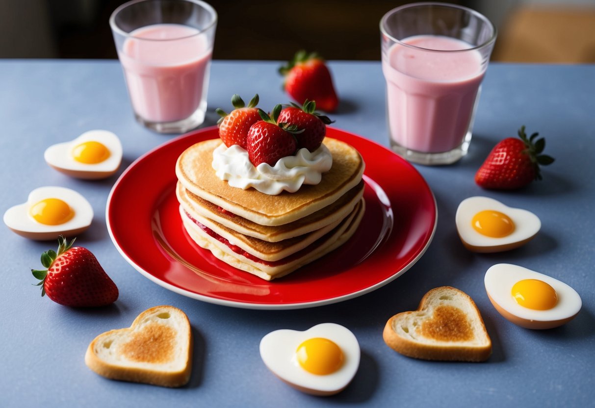 A heart-shaped pancake topped with strawberries and whipped cream sits on a red plate surrounded by heart-shaped toast, heart-shaped eggs, and a glass of pink milk