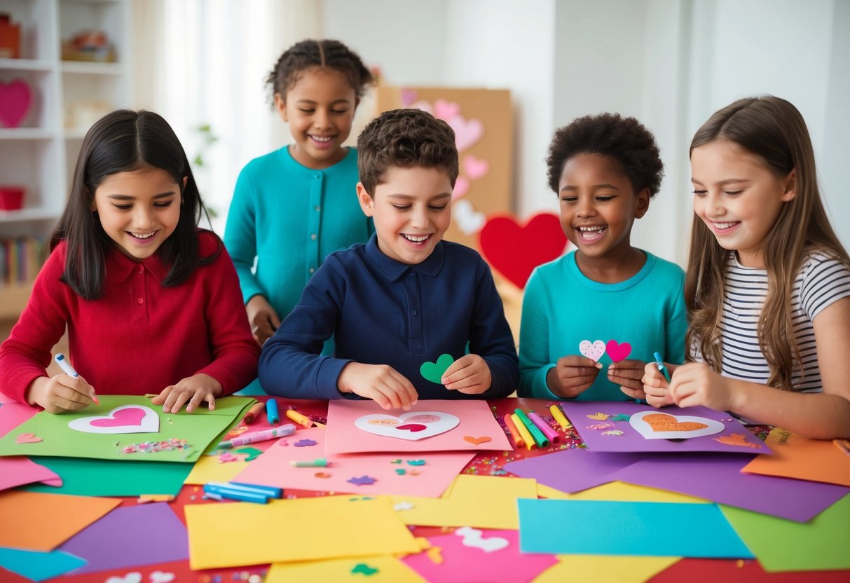 A table covered in colorful paper, markers, stickers, and glitter. A group of children laughing and creating personalized Valentine's Day cards