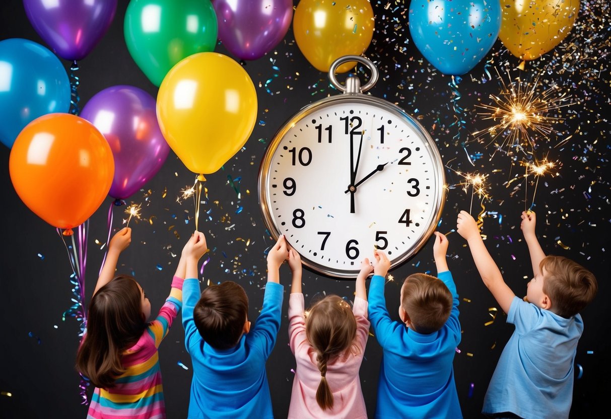 Colorful balloons popping as the clock counts down to midnight. Sparkles and confetti fill the air, creating a festive atmosphere for young kids to celebrate New Year's Eve