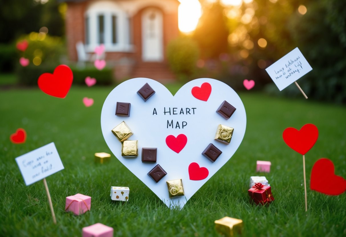 A heart-shaped map leads to hidden love notes, chocolates, and small gifts scattered throughout the house and yard