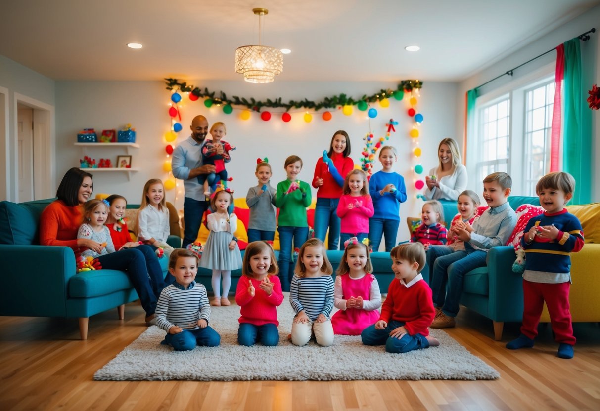 A living room filled with young children and their parents, with a makeshift stage set up for a family talent show. Brightly colored decorations and festive lights create a joyful atmosphere