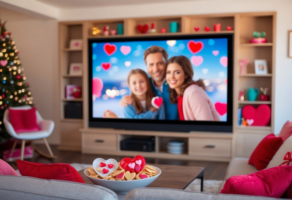 A cozy living room with a big screen showing a heartwarming Valentine's Day movie. A bowl of heart-shaped snacks and colorful decorations add to the festive atmosphere