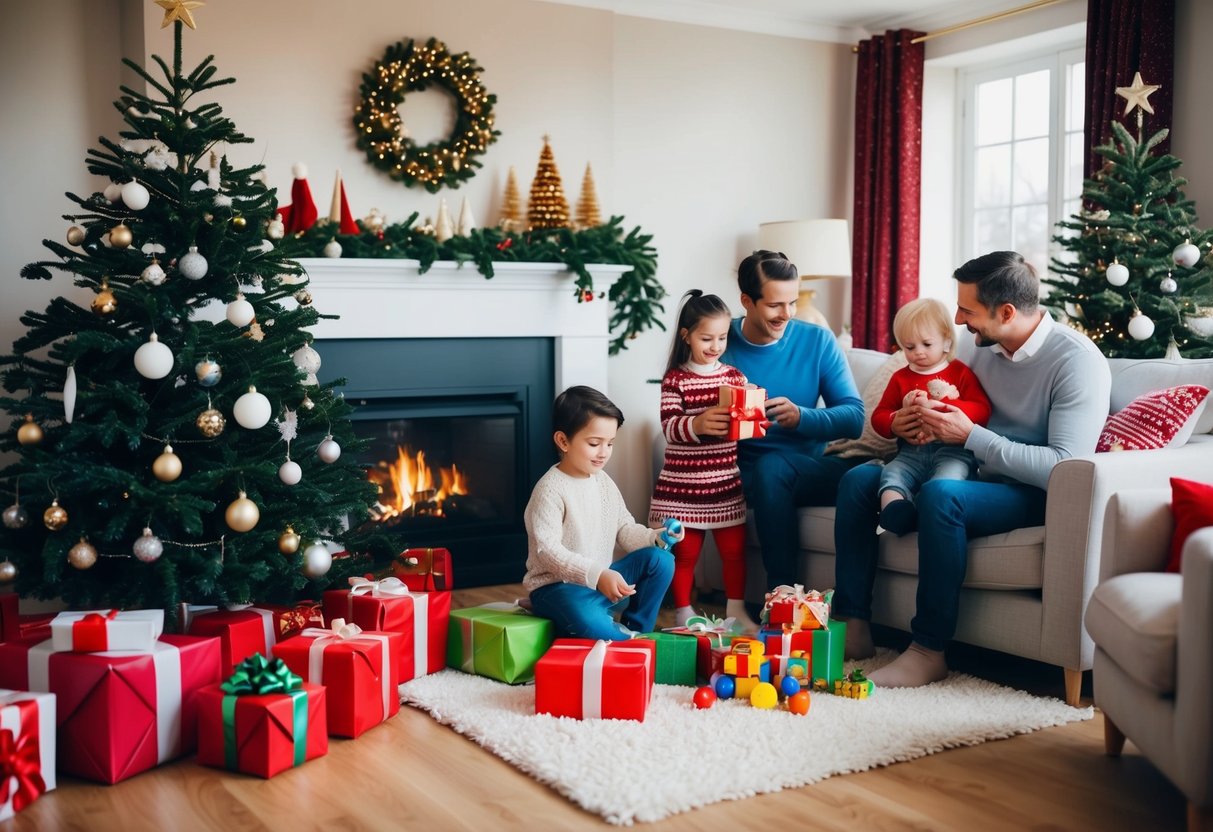 A cozy living room with a decorated Christmas tree, wrapped presents, and a warm fireplace. Children playing with new toys while parents enjoy a peaceful moment together