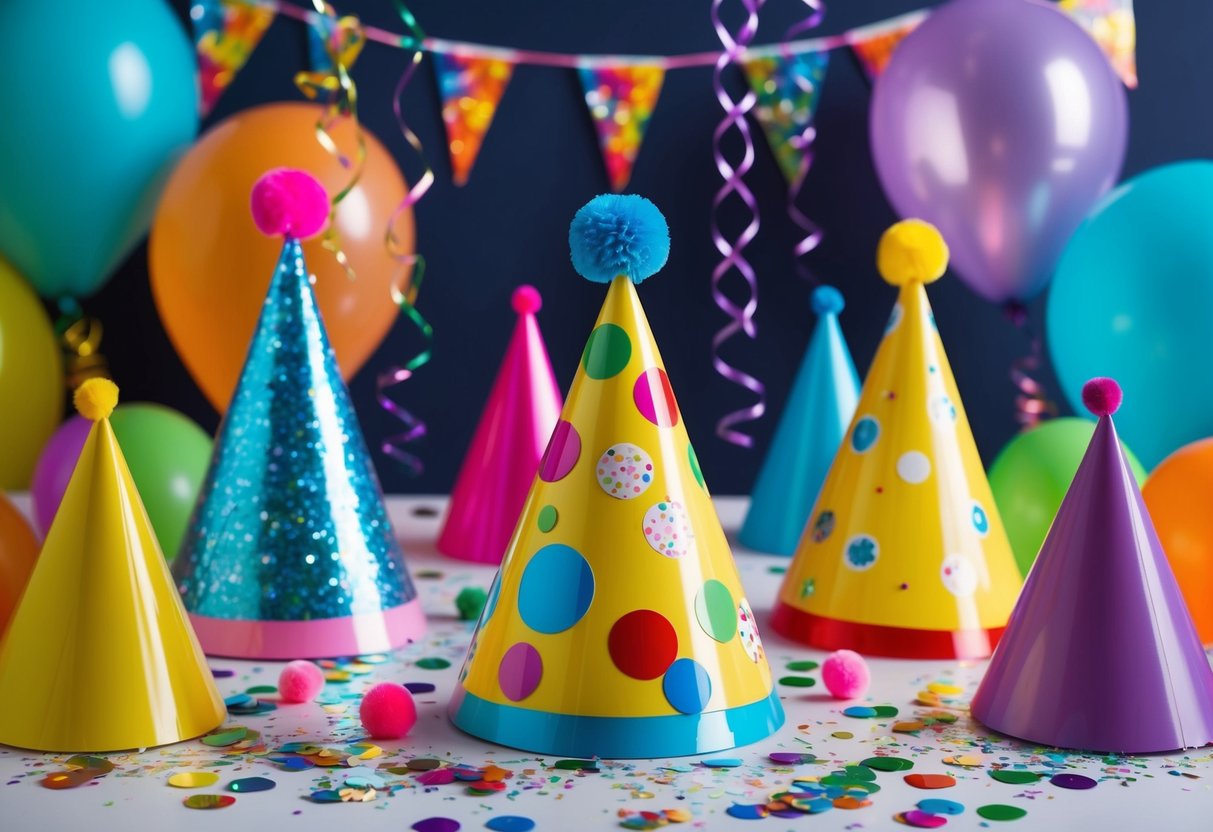 Colorful party hats on a table with glitter, pom-poms, and stickers. Streamers and confetti scattered around. Balloons and noisemakers in the background