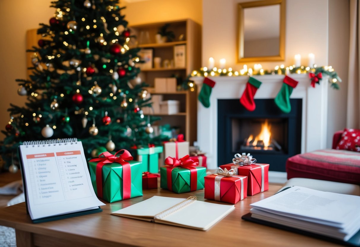 A cozy living room with a decorated Christmas tree, wrapped presents, and a fireplace. A schedule and checklist are displayed on a nearby table