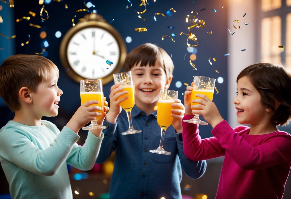 Children clinking sparkling juice glasses, confetti in the air, and a clock striking midnight in the background