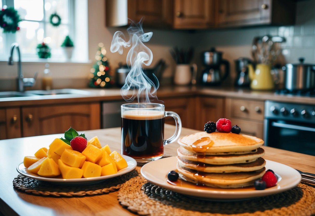 A cozy kitchen with a festive table setting, a steaming pot of coffee, a plate of fresh fruit, and a stack of pancakes with syrup and berries