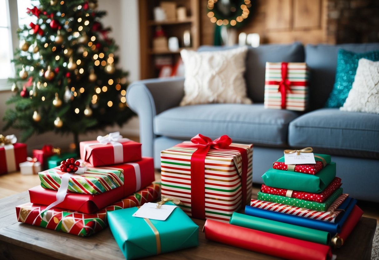 A cozy living room with a festive gift-wrapping station, complete with colorful wrapping paper, ribbons, and tags. A stack of neatly wrapped presents sits nearby, ready for Christmas morning