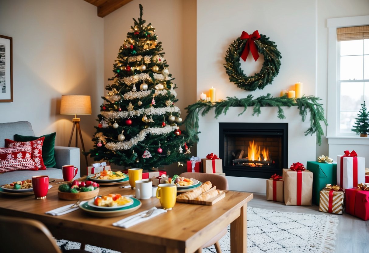 A cozy living room with a decorated Christmas tree, wrapped presents, and a crackling fireplace. A table is set with a festive breakfast spread, while a joyful playlist plays in the background