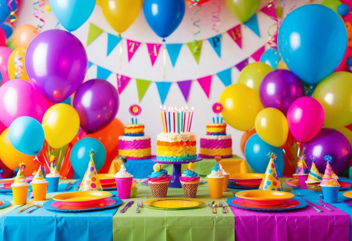 A colorful array of birthday party decorations, including balloons, streamers, and themed table settings, set against a backdrop of a vibrant and festive atmosphere