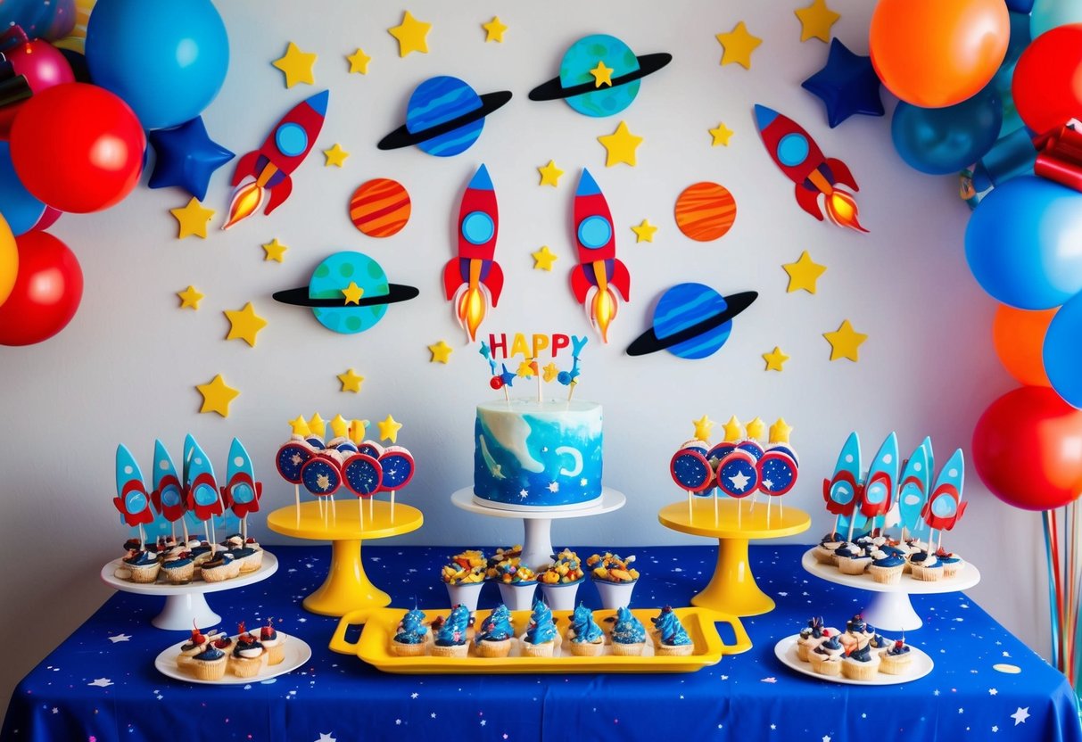 A colorful space-themed party with rocket ships, planets, and stars decorating the room. A table is set with space-themed treats and a birthday cake