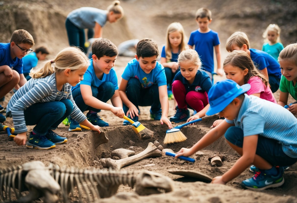 A group of children are gathered around a large excavation site, using brushes and shovels to uncover dinosaur bones and fossils. The scene is filled with excitement and curiosity as they dig for ancient treasures