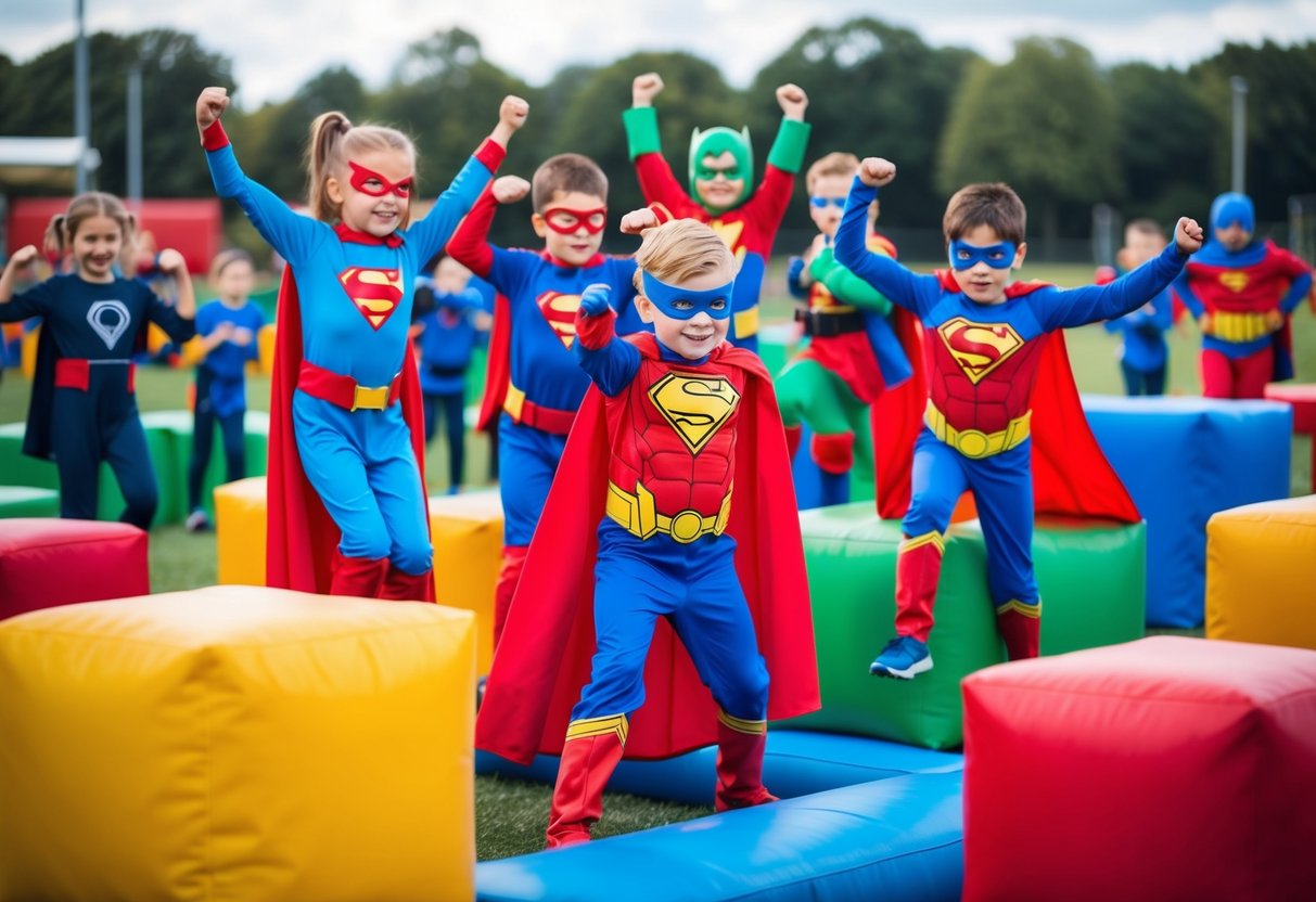 A group of kids in superhero costumes participate in obstacle courses, strength challenges, and agility tests at a colorful, action-packed training camp