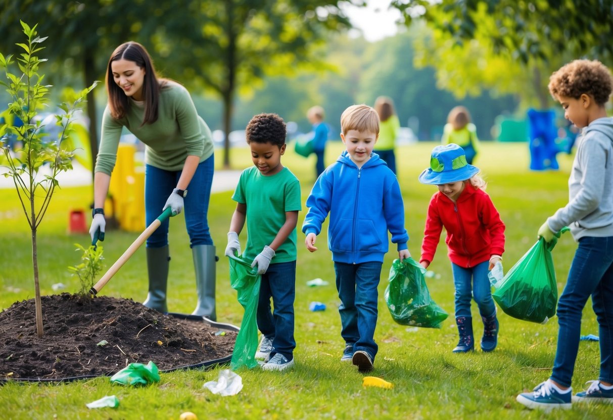 Children planting trees, picking up litter, and learning about recycling at a park. A teacher leads a nature walk, while others create art from recycled materials