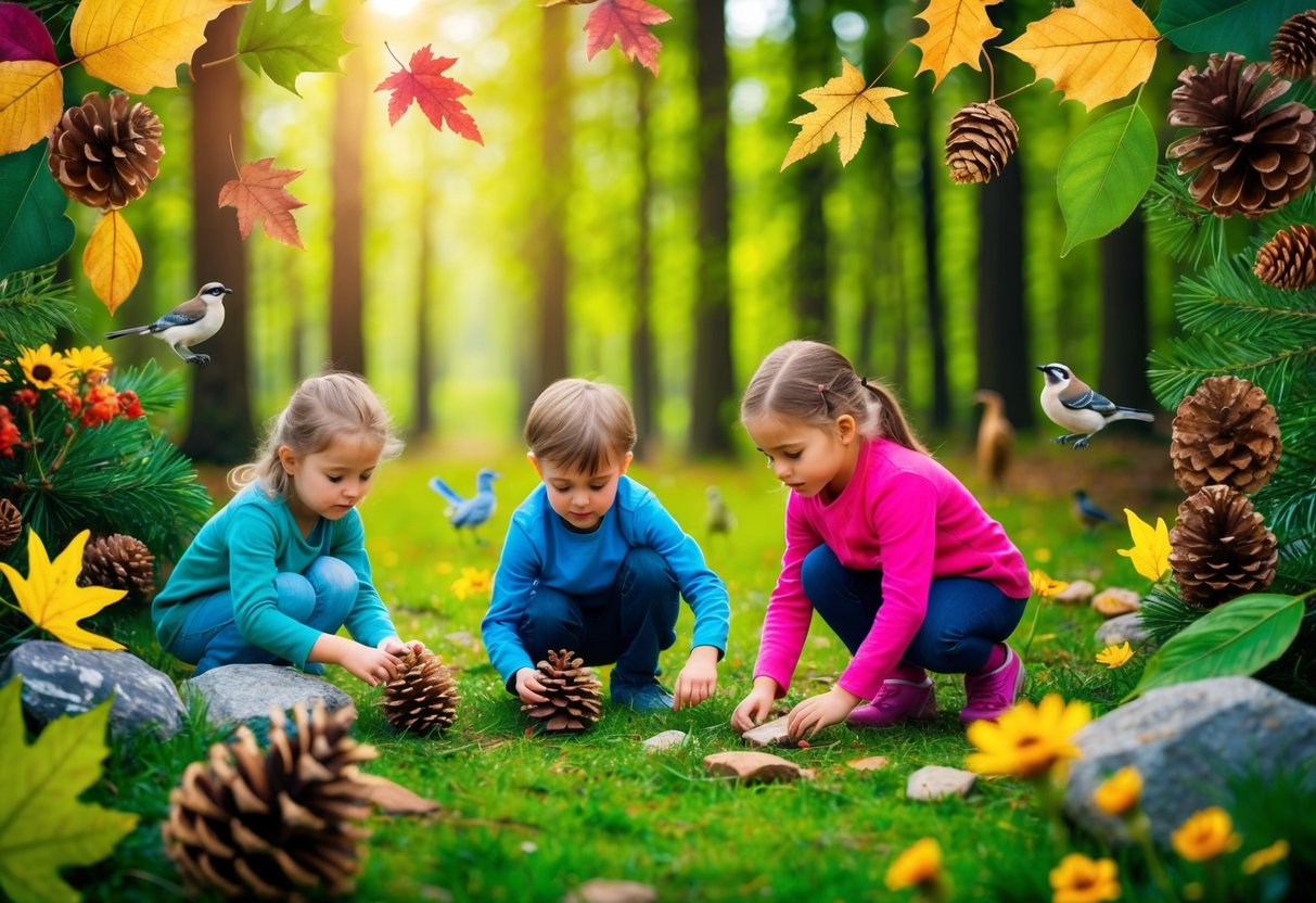 Children searching for items in a vibrant, lush forest: colorful leaves, pinecones, flowers, and rocks, while birds and small animals frolic nearby