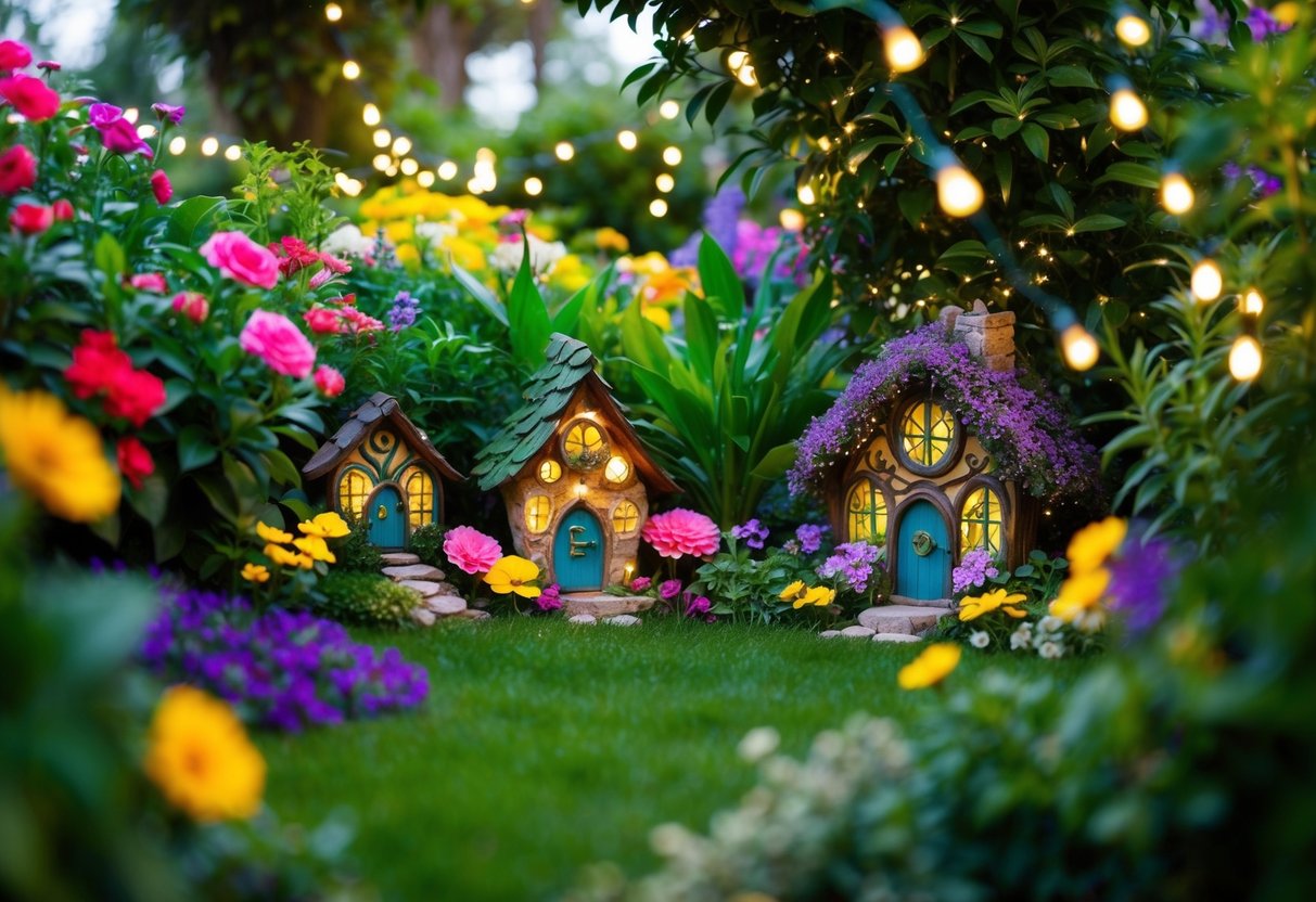 A lush, whimsical garden filled with vibrant flowers, sparkling fairy lights, and tiny, intricate fairy houses nestled among the greenery