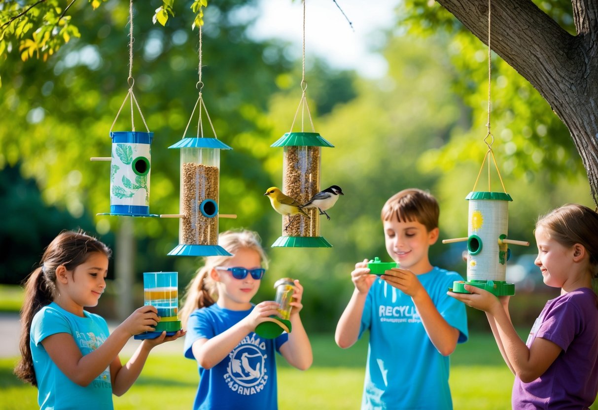A group of children creating bird feeders from recycled materials in a sunny outdoor setting. Bird feeders hang from trees and children are engaged in the activity