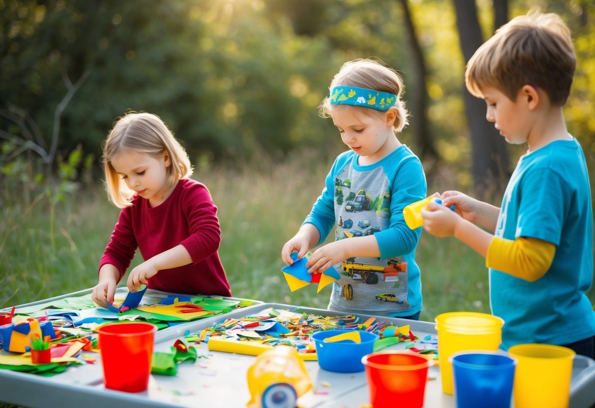 Children creating colorful art from recycled materials in a sunny outdoor setting, surrounded by trees and wildlife