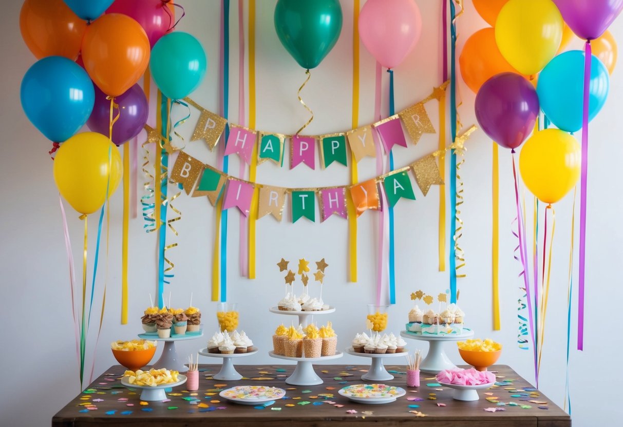 Colorful balloons, streamers, and confetti adorn a festive party space. A homemade banner hangs above a table filled with DIY decorations and treats