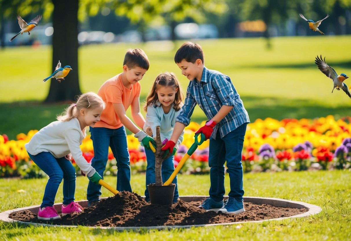 A group of children planting a tree in a sunny park, surrounded by colorful flowers and chirping birds