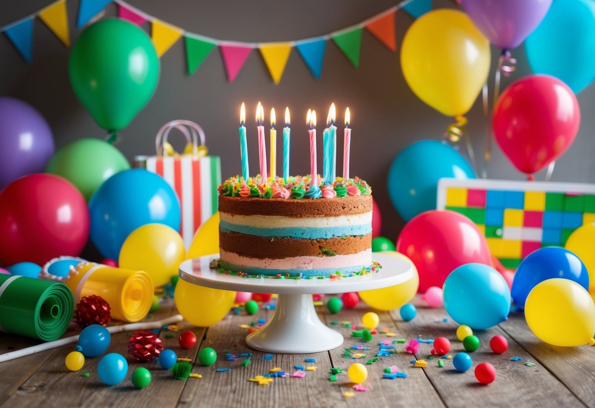 A colorful homemade cake surrounded by festive decorations and balloons, with budget-friendly party supplies and games in the background