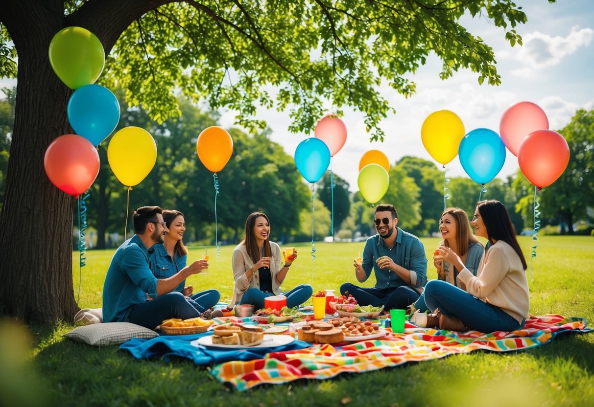 A colorful picnic spread under a shady tree with balloons, blankets, and simple snacks. A group of friends enjoys a budget-friendly birthday celebration in a sunny park