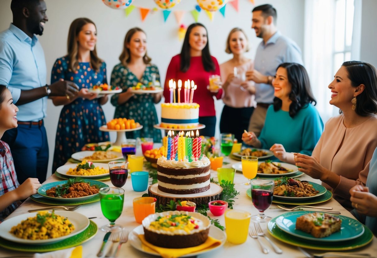 A table filled with a variety of homemade dishes, colorful decorations, and a birthday cake with candles. Guests mingle and laugh in the background