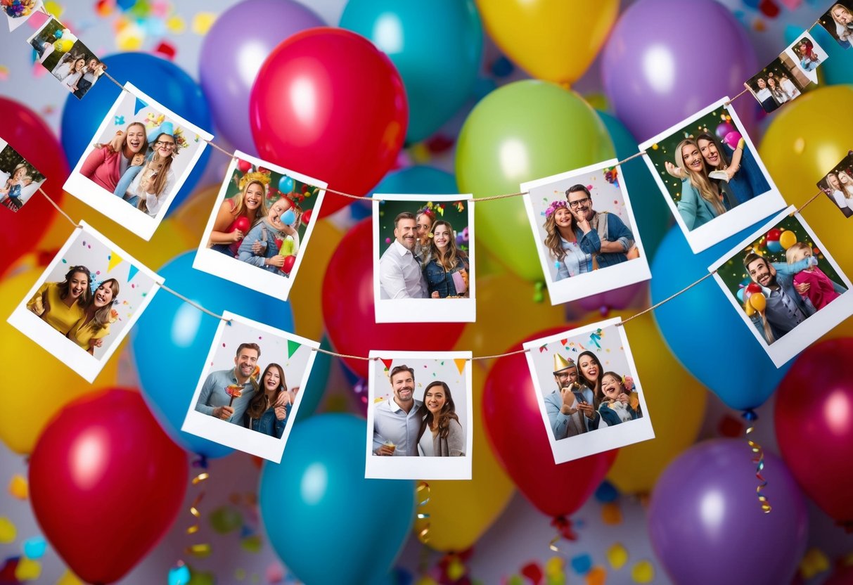 A festive banner with photos hanging from a string, surrounded by colorful balloons and confetti, creating a joyful and personalized birthday party atmosphere