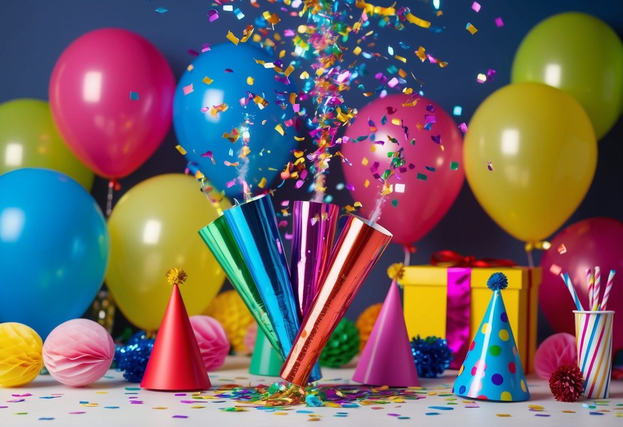 Colorful confetti poppers bursting in the air, surrounded by festive birthday decorations and party supplies