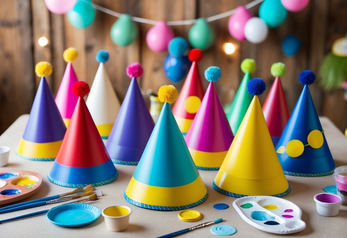 Colorful birthday hats arranged on a table with paintbrushes and paint palettes. A festive and creative atmosphere with handmade decorations