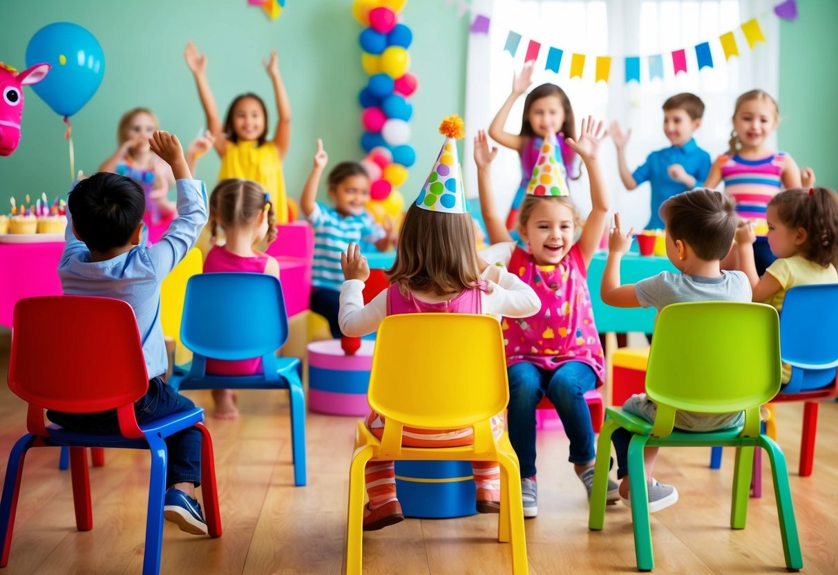 A group of children play various games at a lively birthday party, including musical chairs, pin the tail on the donkey, and a piñata