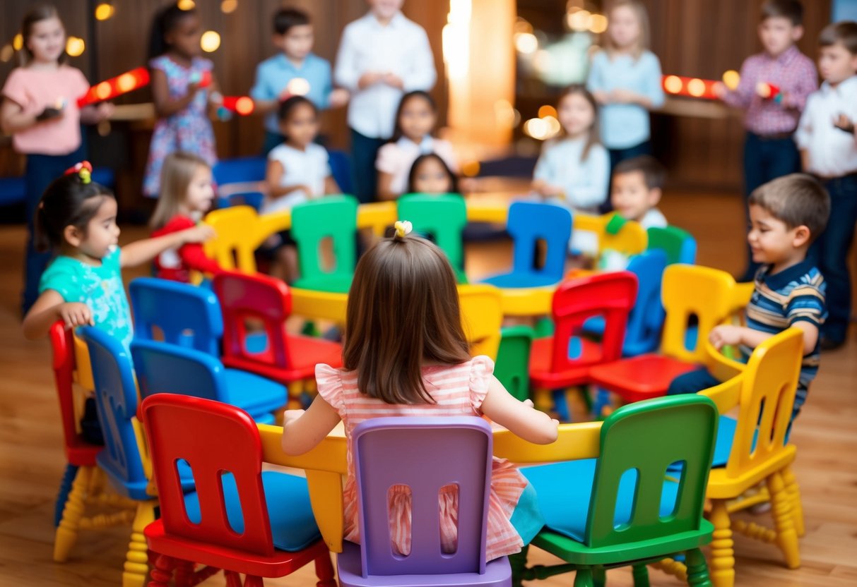 Children playing musical chairs in a circle with colorful chairs and music playing in the background