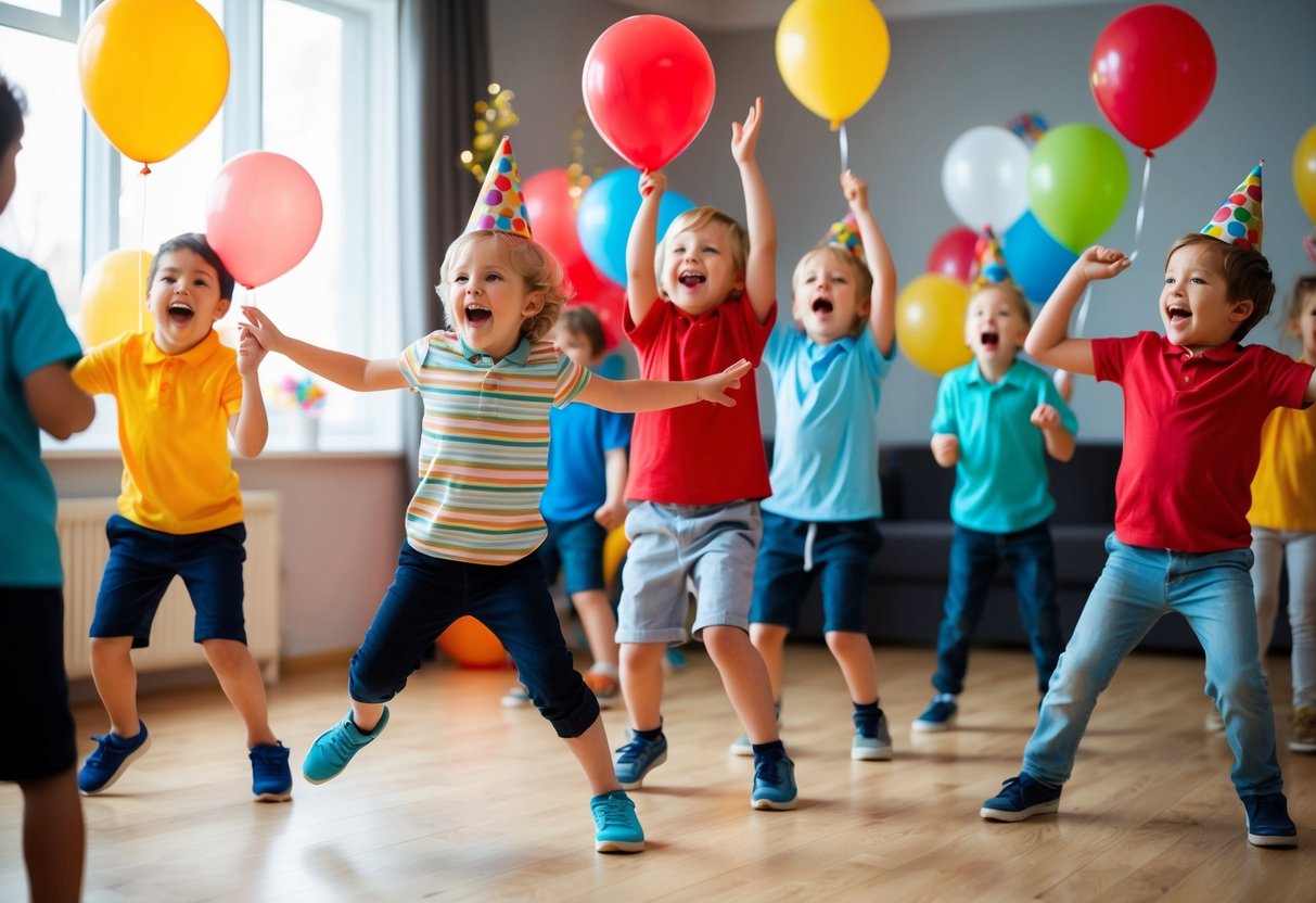 Children racing to pop balloons in a relay, laughing and cheering at a birthday party