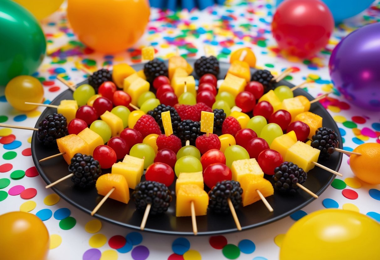 A colorful array of fruit skewers arranged on a platter, surrounded by confetti and party decorations