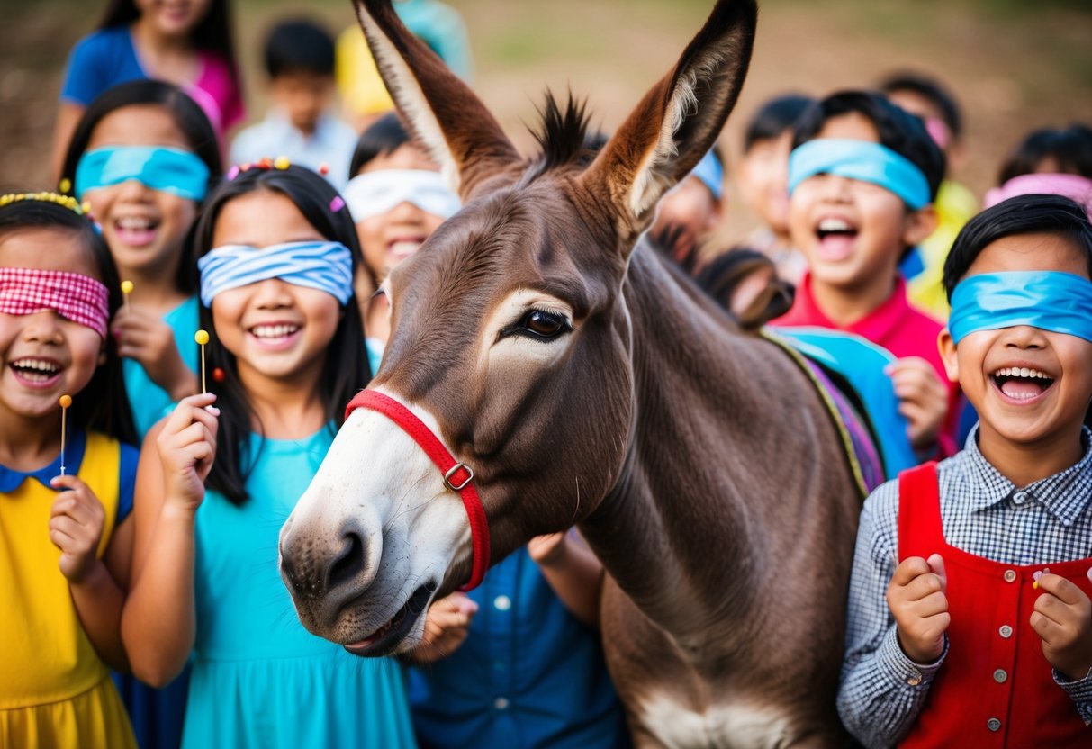 A colorful donkey with a tail missing, surrounded by excited children with blindfolds and pins