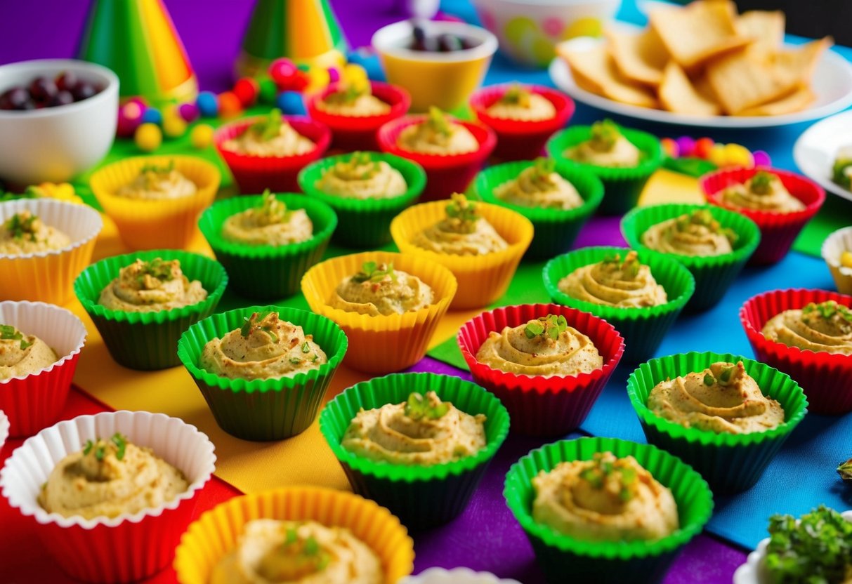 A colorful array of veggie cups filled with hummus, arranged on a festive party table with other healthy snacks and decorations