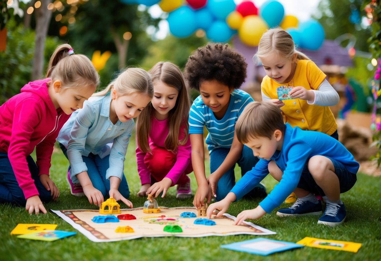 A group of children search for hidden treasures in a vibrant and whimsical outdoor setting, with colorful maps and clues scattered around