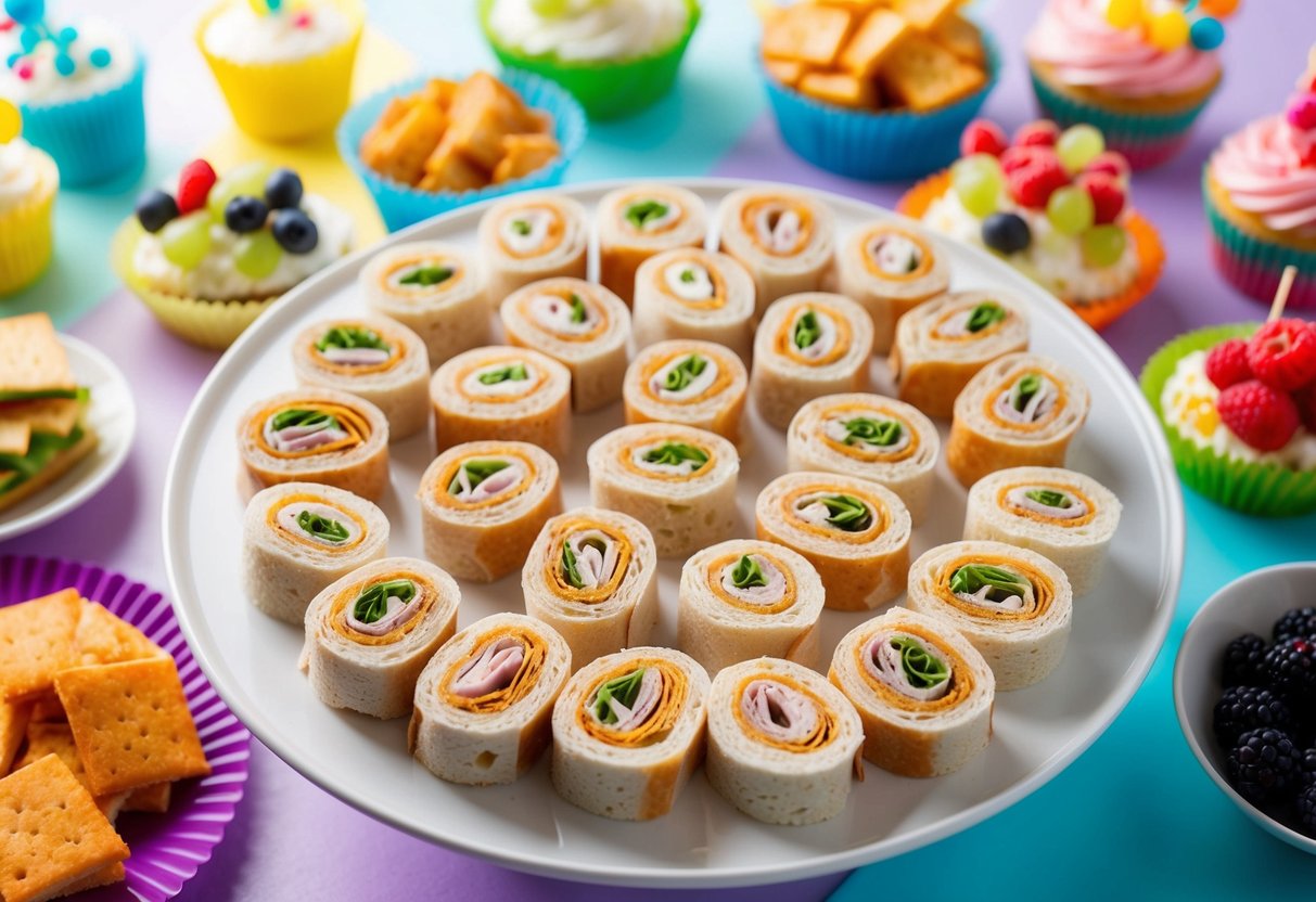 A colorful array of mini sandwich pinwheels arranged on a platter, surrounded by various other healthy and fun birthday party snacks