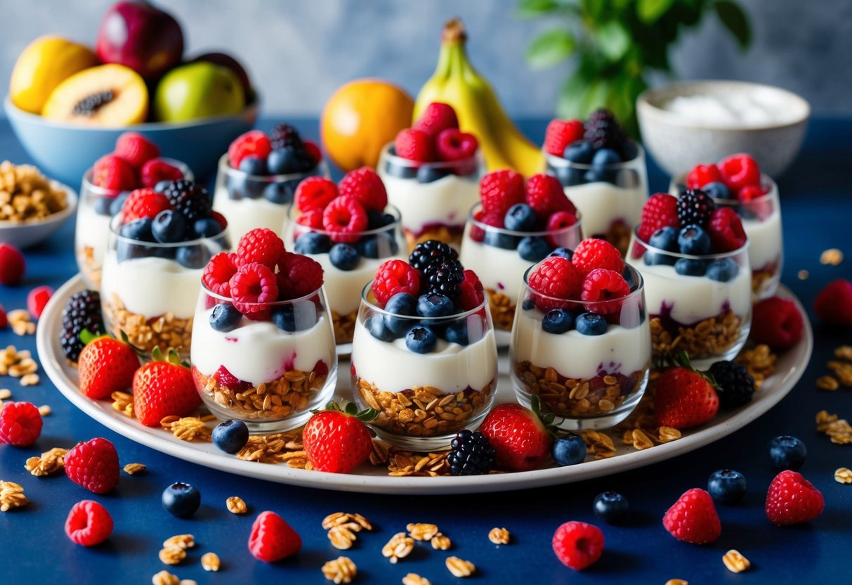 A colorful spread of yogurt and berry parfaits arranged on a table, surrounded by vibrant fruits and granola