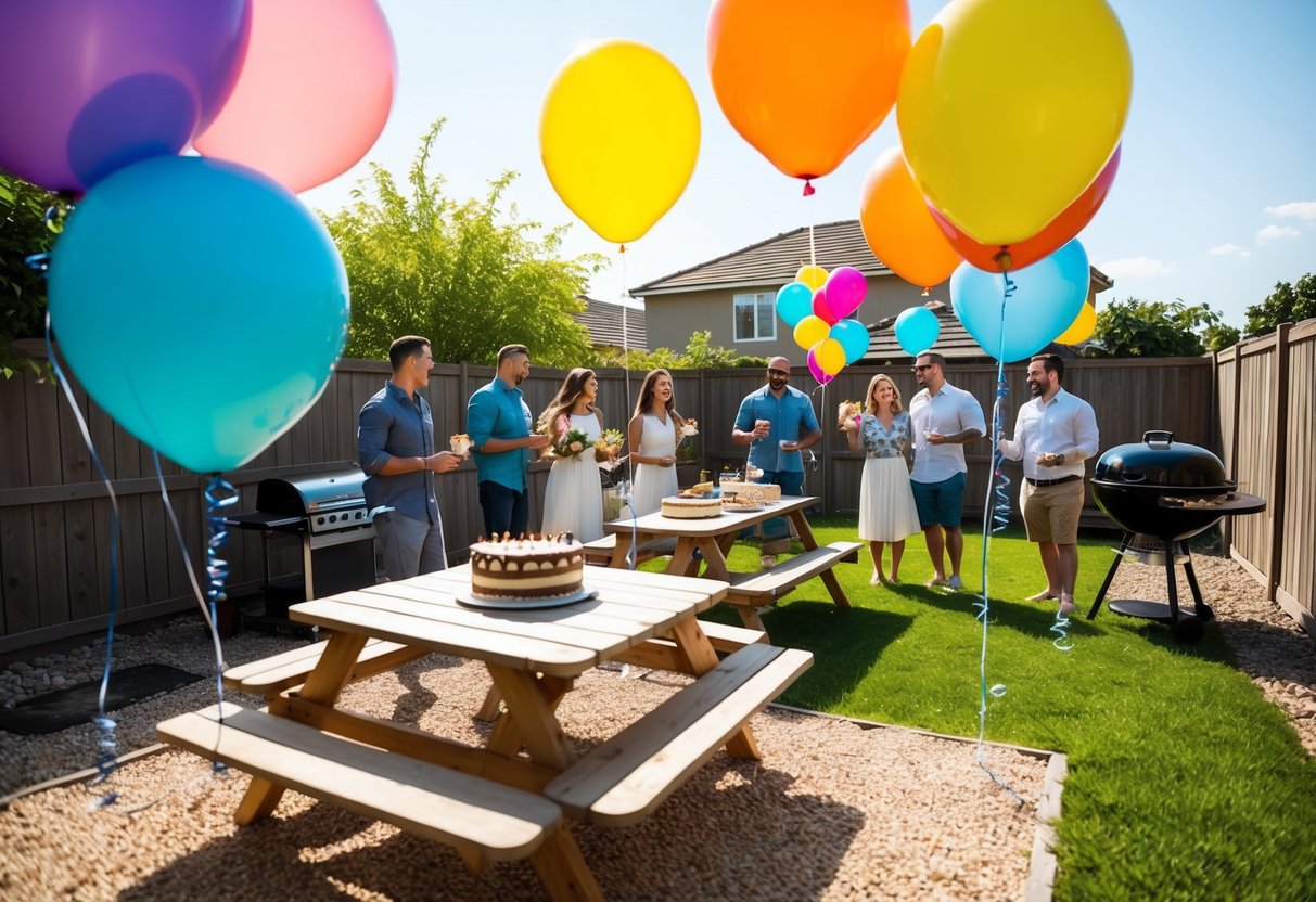 A sunny backyard with colorful balloons, a picnic table, a BBQ grill, and a cake surrounded by friends and family