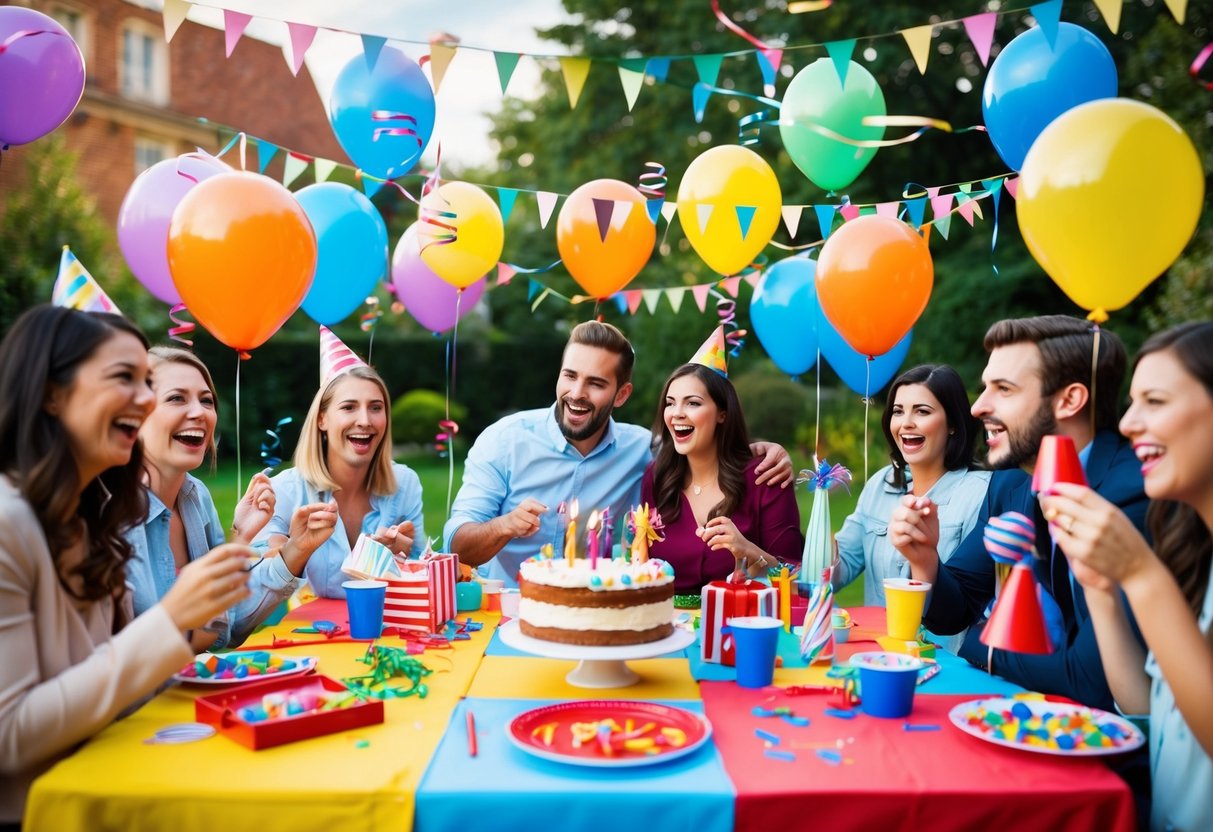 A colorful outdoor birthday party with balloons, streamers, a cake, presents, games, and happy guests enjoying the festivities