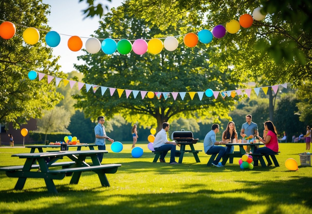 A sunny park with colorful balloons, picnic tables, and a birthday banner strung between trees. A barbecue grill is set up, and a group of friends play games on the grass