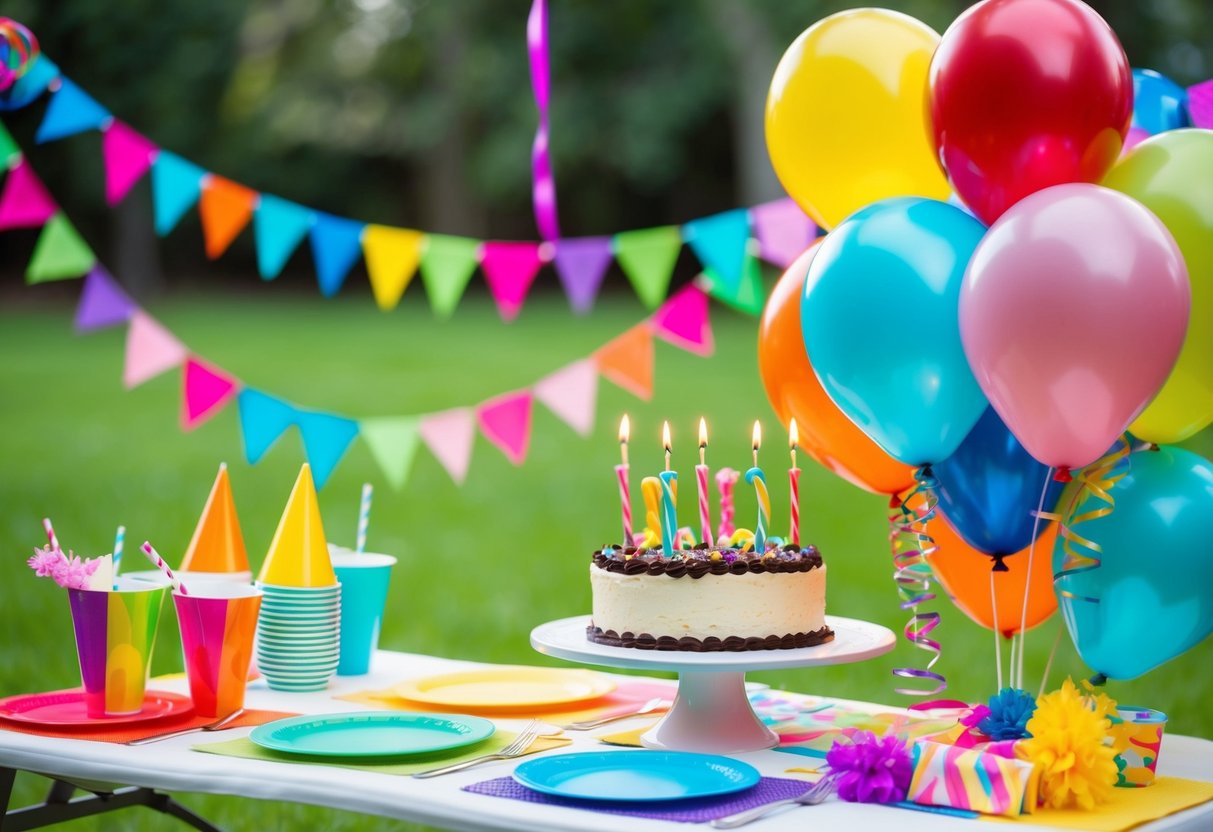 A colorful outdoor birthday party setup with balloons, streamers, a table with a cake, and various party supplies