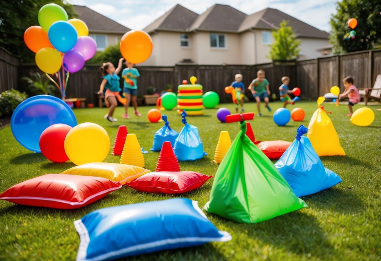 A colorful array of outdoor games and activities set up in a spacious backyard, including a vibrant balloon toss, a playful sack race, and a lively water balloon fight