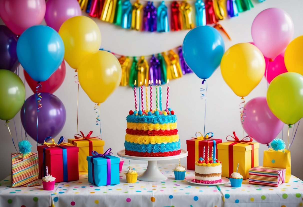 A colorful birthday party table set with balloons, streamers, and a cake surrounded by presents and party favors