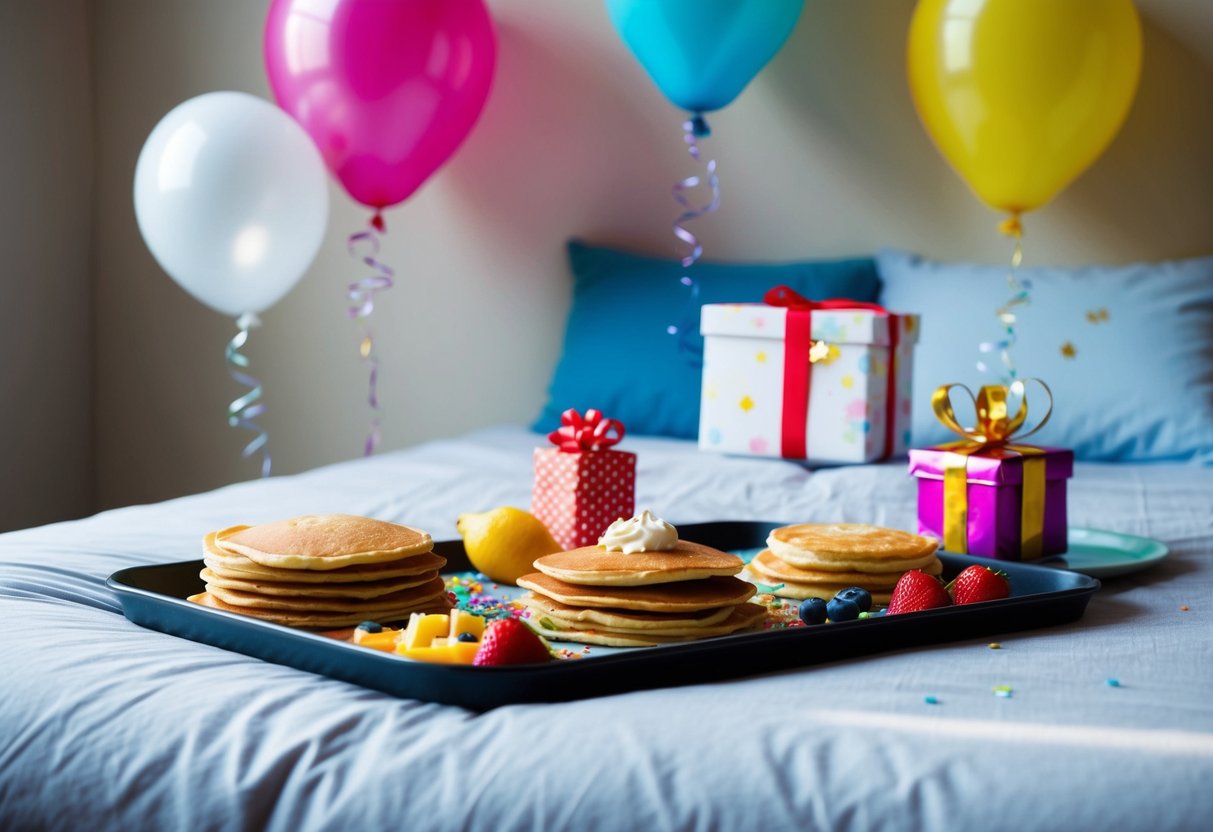 A breakfast tray with a colorful spread of pancakes, fruit, and a small wrapped gift, placed on a bed with a birthday balloon and confetti