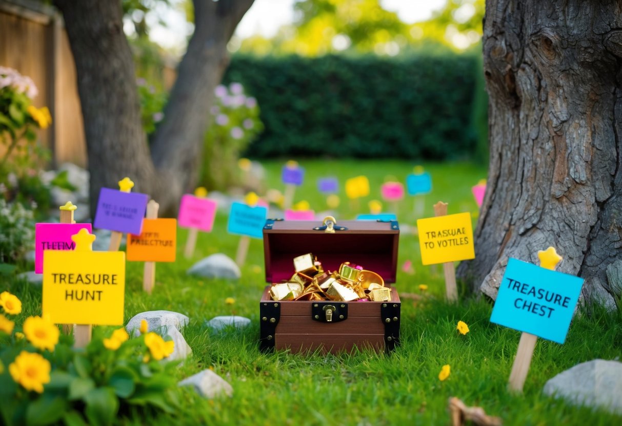 A backyard treasure hunt with colorful clues hidden among trees, flowers, and rocks, leading to a final treasure chest filled with goodies