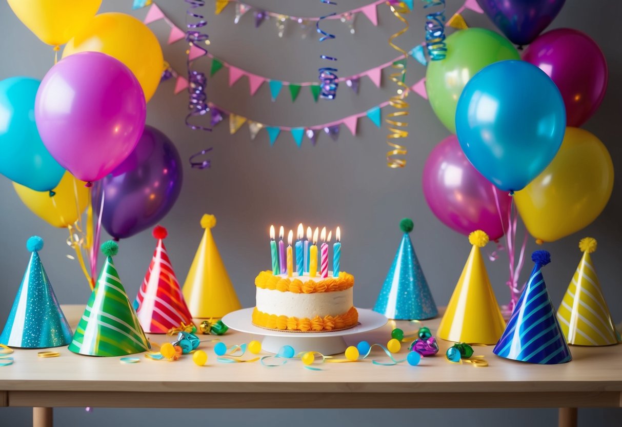 A group of colorful virtual party decorations and supplies arranged on a table, including balloons, streamers, party hats, and a cake with candles